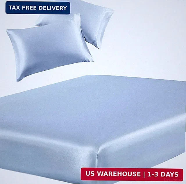 3-Piece Set Satin Queen Fitted Sheet & 2 Pillowcase, Baby Blue Silky