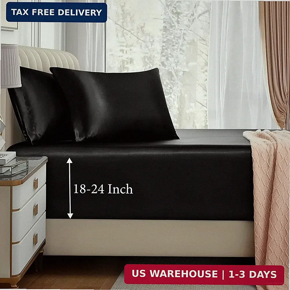 3pcs Extra Deep Pocket Satin Fitted Sheet Set Queen Bed Set, Black Botto