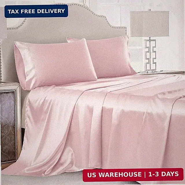 4 Pcs Blush Pink Satin Sheets Full Size Silky Satin Bedding Sheets Set with 1 De