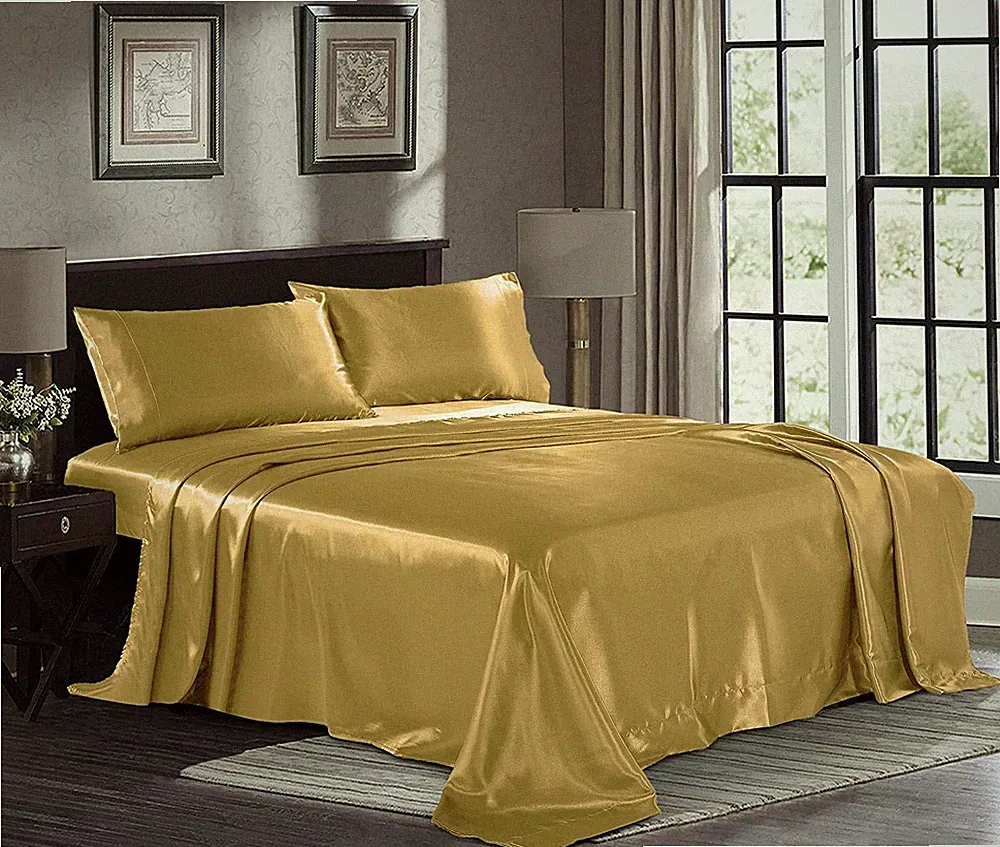 4 piece pc PURE BEDDING Satin Sheet Set, FULL 84x97" Microfiber GOLD Deep Pocket