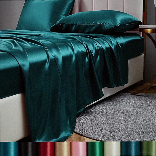 4Pcs Satin Sheet Set with Deep Pocket Luxury Silk Feel Sheets Full Queen King
