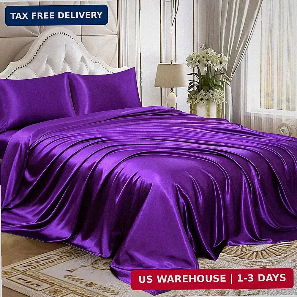 4pcs Satin Sheets Set Luxury Silky Satin Bedding Set with Deep Pocket, 1