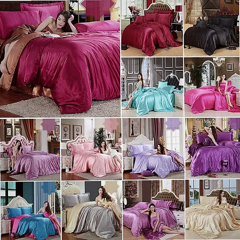 4Pcs Satin Silk Duvet Quilt Cover Bedding Sets Fitted Sheet Twin Queen King Bed