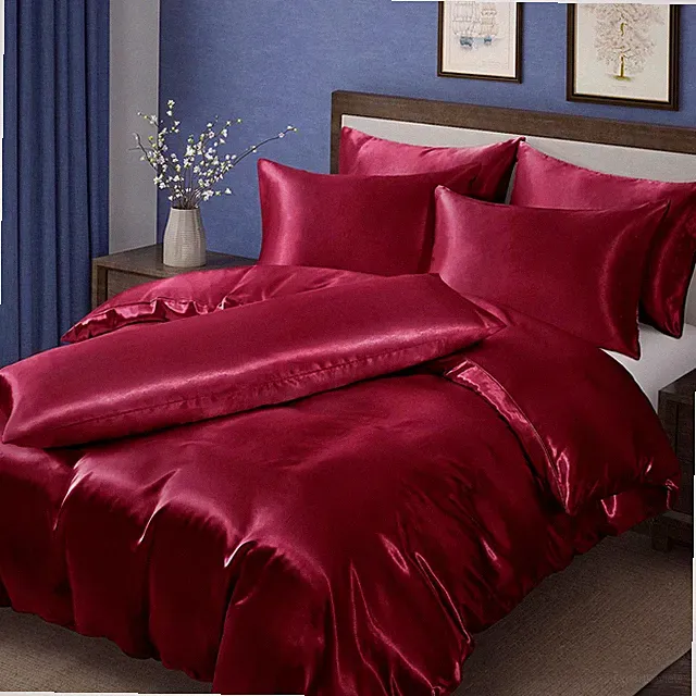 6 Pcs Burgundy Satin Duvet Cover King Size Set, Silky Bed Duvet Cover Ultra S...