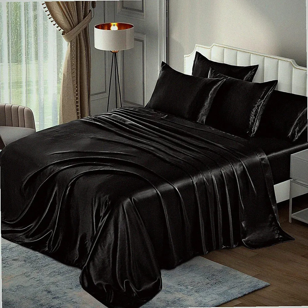 6Pc Queen Satin Bedding Set, Black Silky Sheets, Deep Pocket, Soft