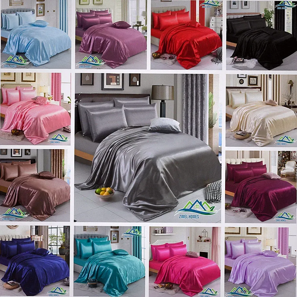 6PCS SATIN SILK ✔ COMPLETE BEDDING SET ✔ DUVET COVER FITTED SHEET 4 PILLOW CASES
