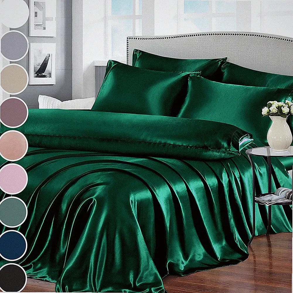 7pcs Satin California King Size Bed Set, Blackish Green Luxury Satin Bedding,...