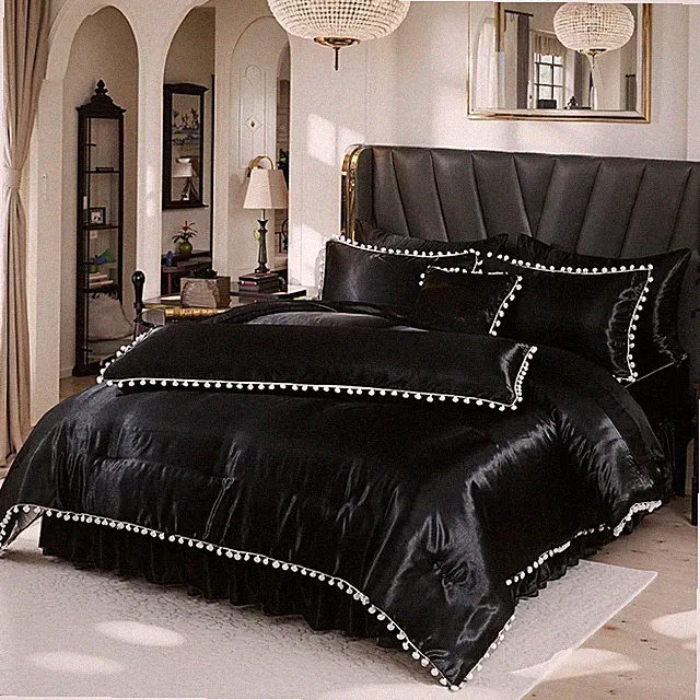 Black Satin Comforter Set Queen, 10 Pcs Silky Pom Pom Bedding Set, Luxury