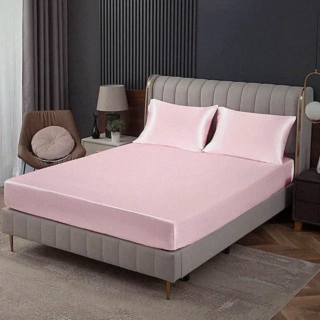 Blush Pink Satin Fitted Sheet Twin XL Size Fitted Bed Sheet Deep Pocket Fitte...