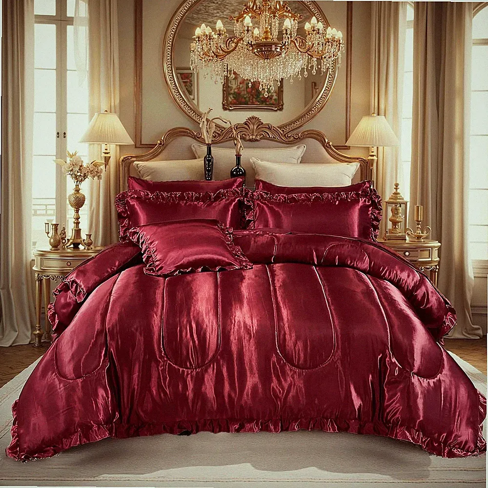 Burgundy Satin Comforter Set King 8 Pcs Luxury Bedding with Cushion Cover