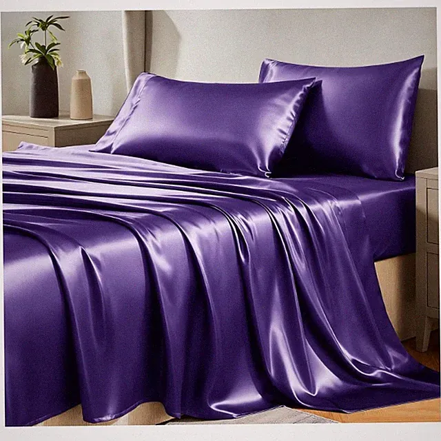 CozyLux 4-Pc Satin Sheet Set, King Size, Silky. 1 Fitted, 1 Flat, 2 Cases Purple