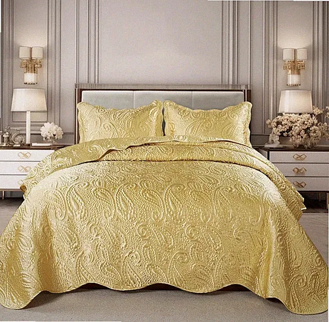 HST Quilted Satin 3 Piece Bedspread Coverlet Set Paisley Luxury KING or QUEEN
