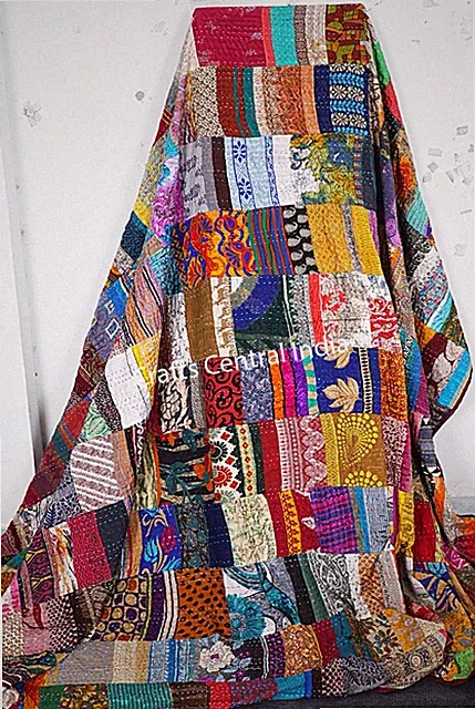 Indian handmade silk patchwork kantha quilt bohemian bedspread Blanket Throw