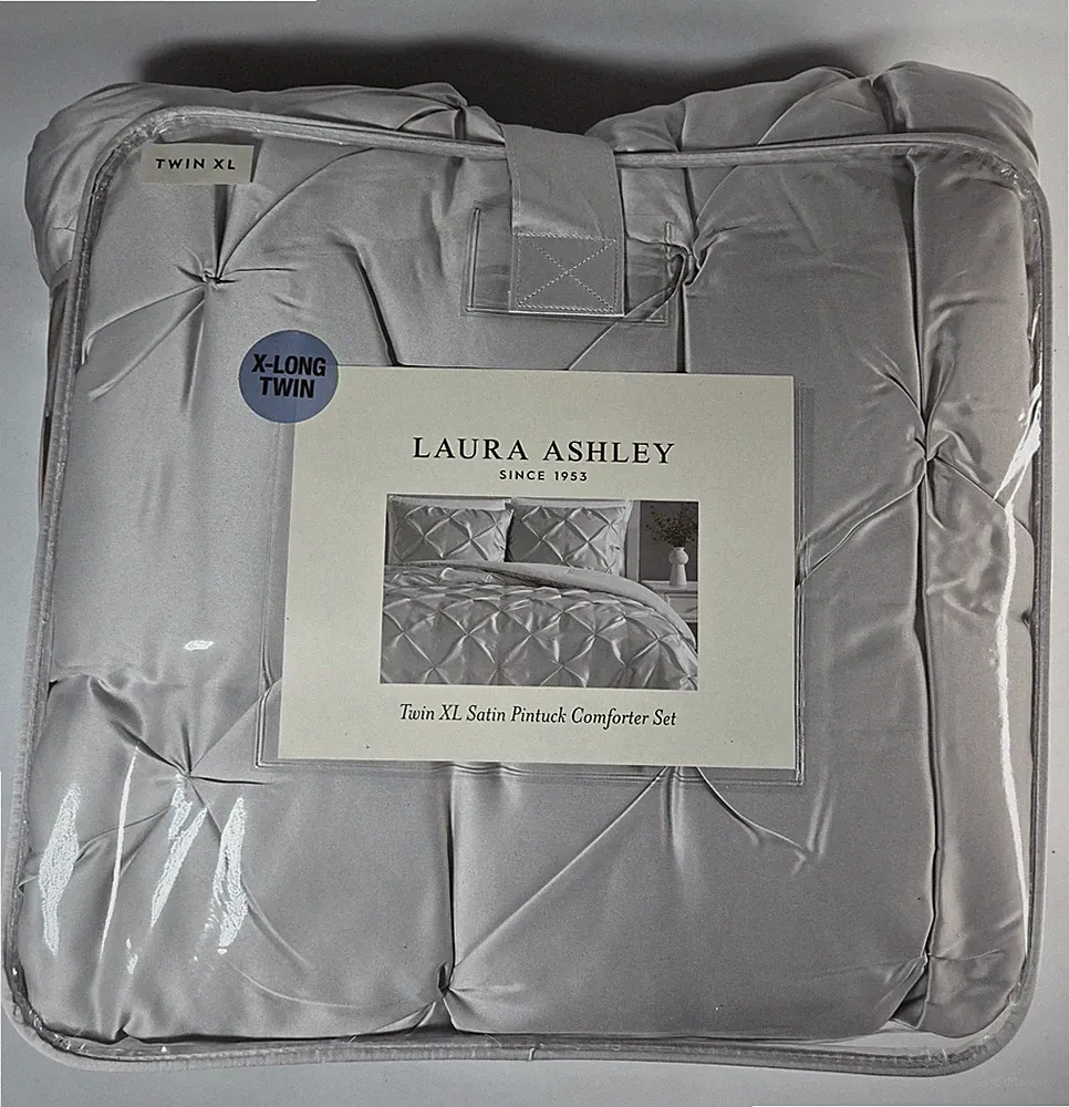 Laura Ashley Twin XL Silver Gray Satin Pintuck Comforter Set Bedding Shams