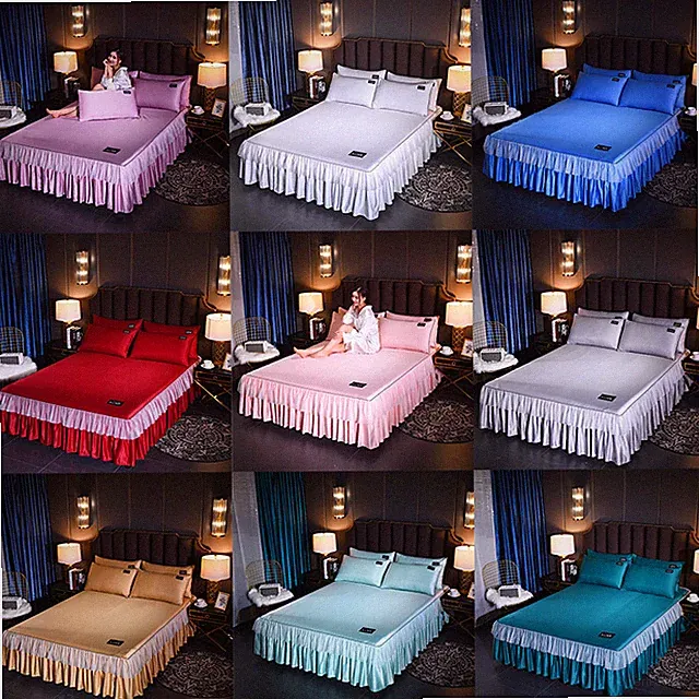 Satin Silk Bed Skirt/Pillowcase Dust Ruffle Bed Sheet Bedspread Bedding All Size