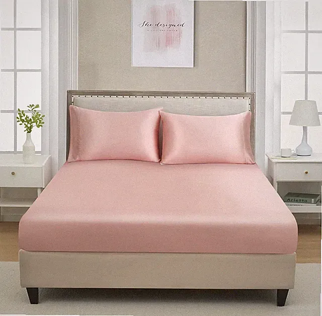 Luxury Twin XL Extra Long Silk Satin Fitted Sheet Soft Deep Pocket -Blush Pink