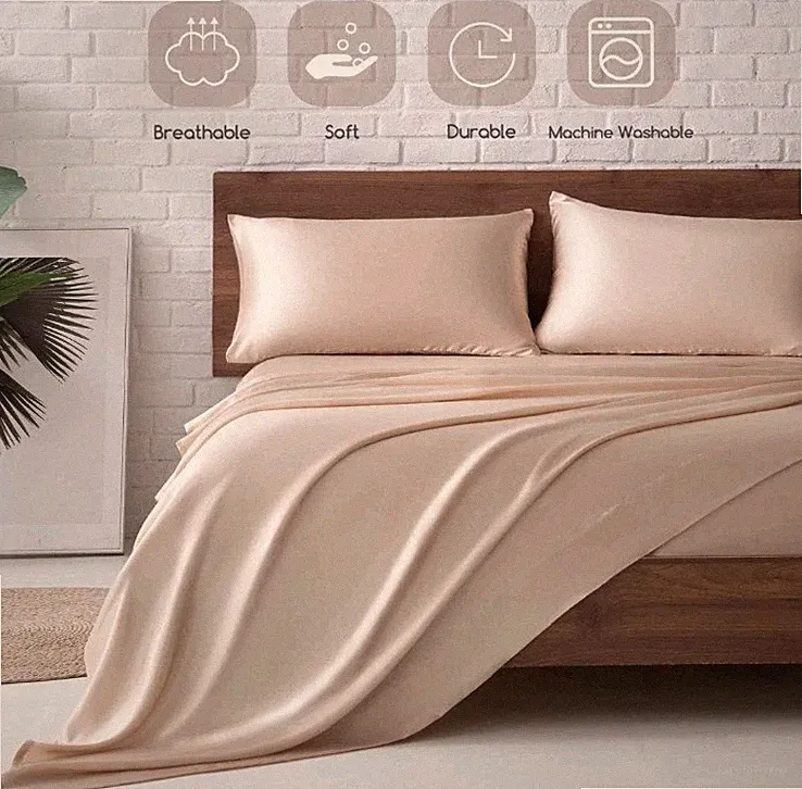 MR&HM Satin Bed Sheets Set, Full Size, Champagne, 4 Pc Silky Bedding Set
