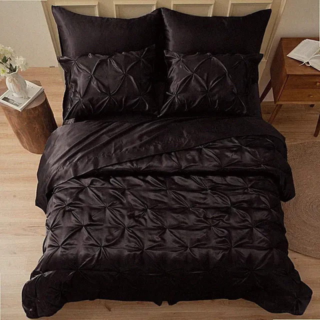 MR&HM Satin Comforter King 7 Pieces - Luxurious Pinch Pleat King, Black