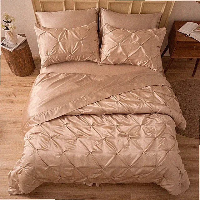MR&HM Satin Comforter King 7 Pieces - Luxurious Pinch Pleat King, Champagne