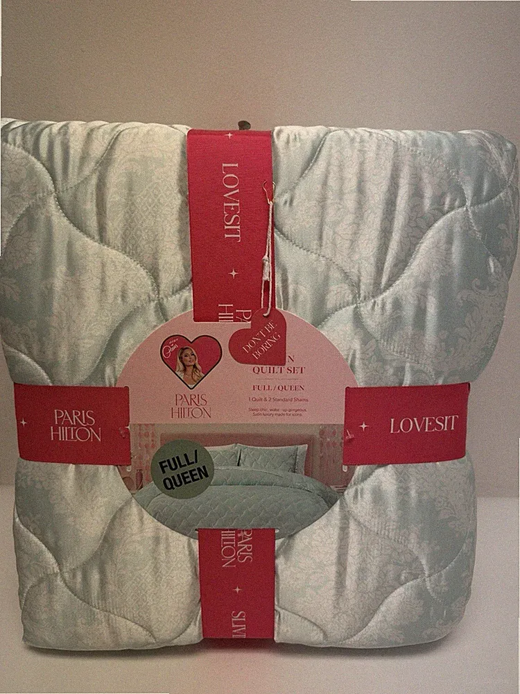 Paris Hilton Satin Quilt Set Full Queen Aqua Blue Damask 3 Pc Shams