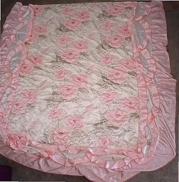 Pink Floral Satin Queen Comforter Quilted Ruffle Border Elegant Bedspread Decor