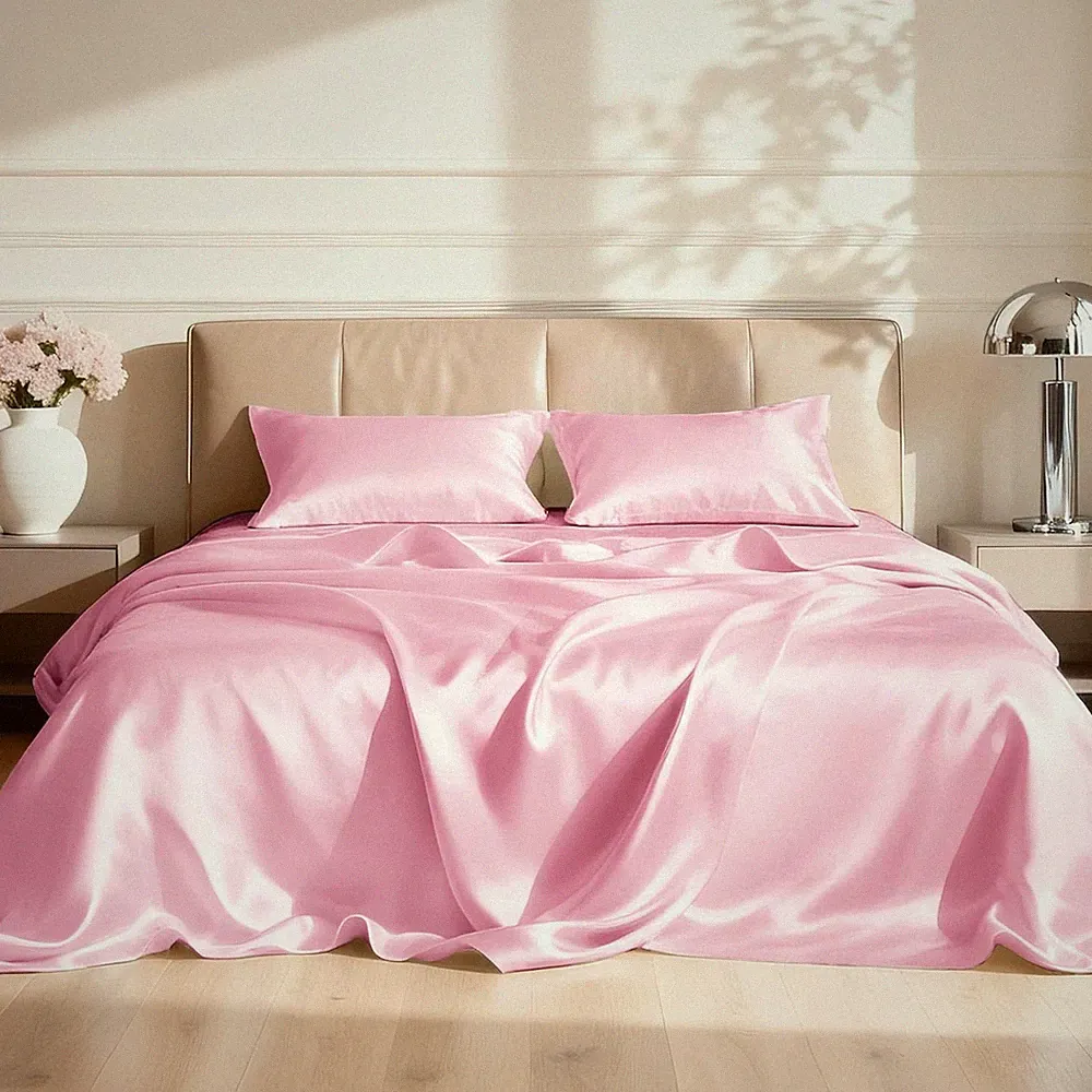 Pink Satin Queen Bed Sheet Set 4 Piece Silky Soft Deep Pocket Luxury Bedding