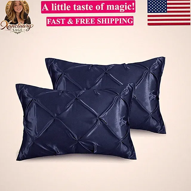 Pintuck Satin Pillowcase Queen Size Set of 2, Navy Blue Satin Pillow Shams Pi...