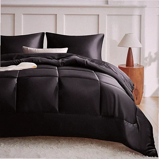 Queen Comforter Set Black, Reversible Satin Microfiber Comforter Set