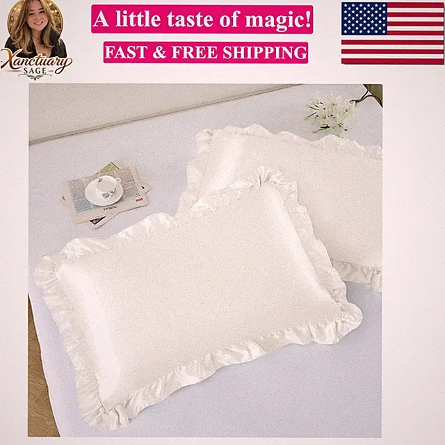 Ruffled Satin Pillowcase Set of 2, Standard Size Silky Pillow Shams for Hair...