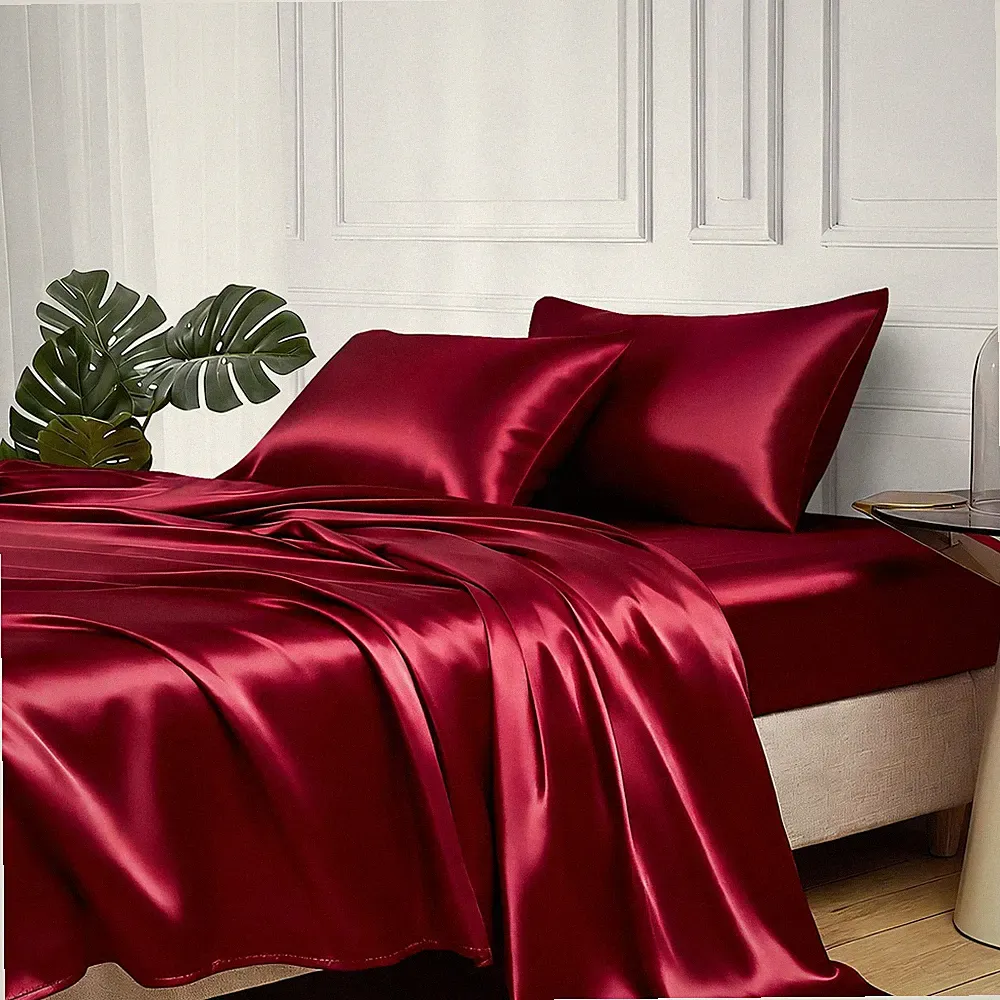 Satin Bed Sheets, Queen Size Sheets Set, 4 Pcs Silky Bedding Set with 15 Inches