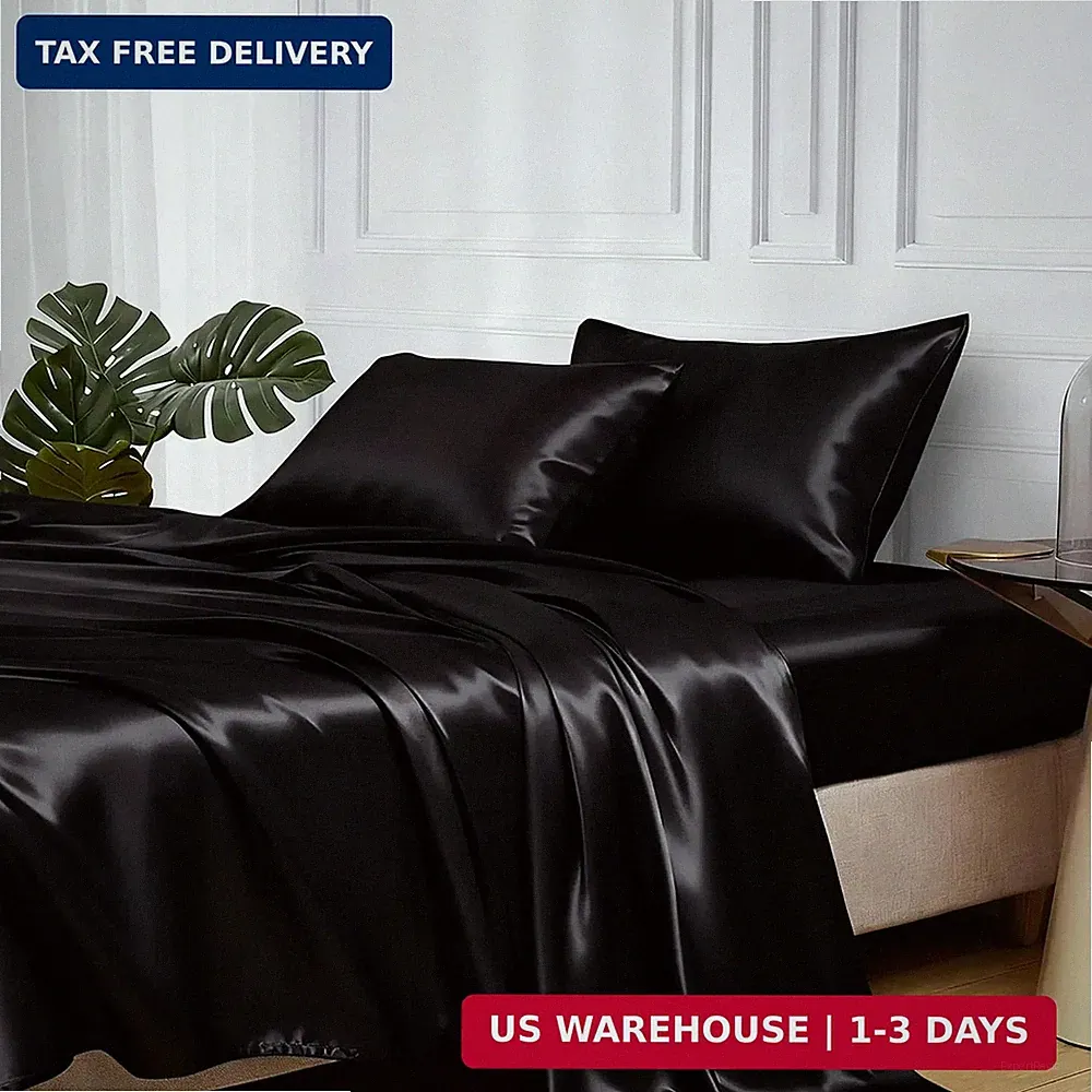 Satin Bed Sheets, Queen Size Sheets Set, 4 Pcs Silky Bedding Set with Elas