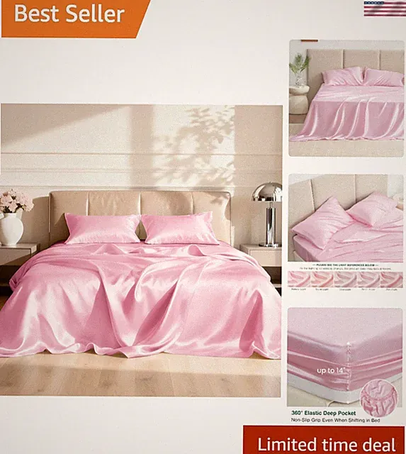 Satin Queen Sheets Set Pink Silky Soft Deep Pocket Luxury Bedding