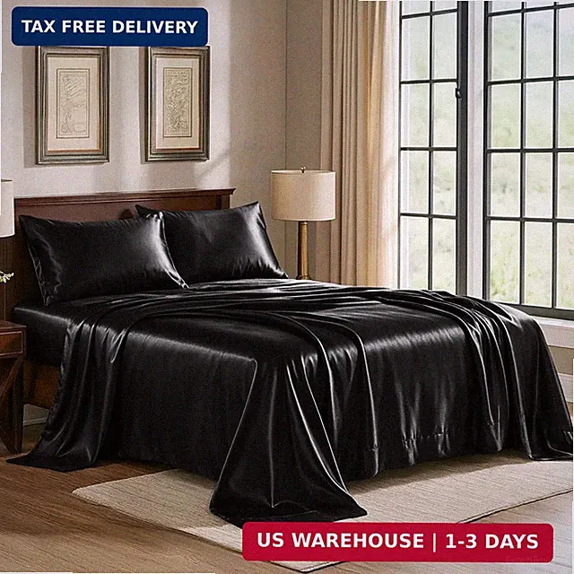 Satin Sheets Queen [4-Piece, Black] Hotel Luxury Silky Bed Sheets