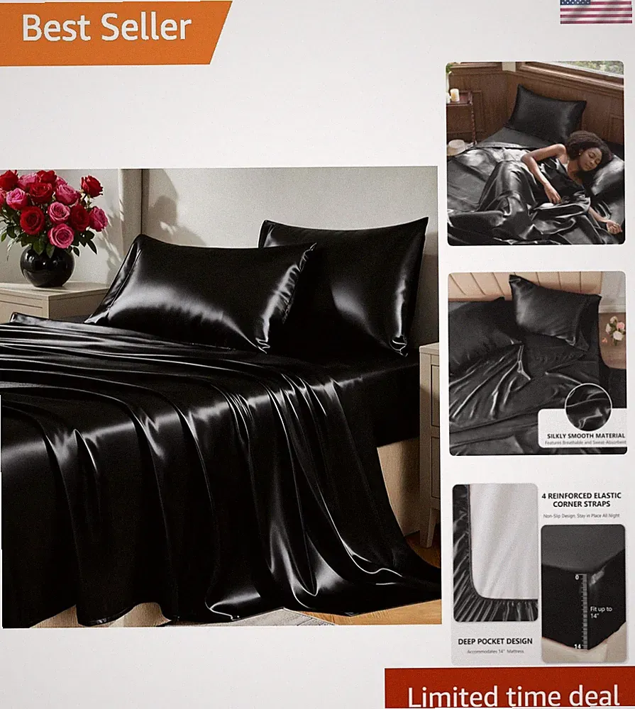 Satin Sheets Queen Size Bed Set - 4 Piece Silky Queen Sheet Set, Luxury Black...