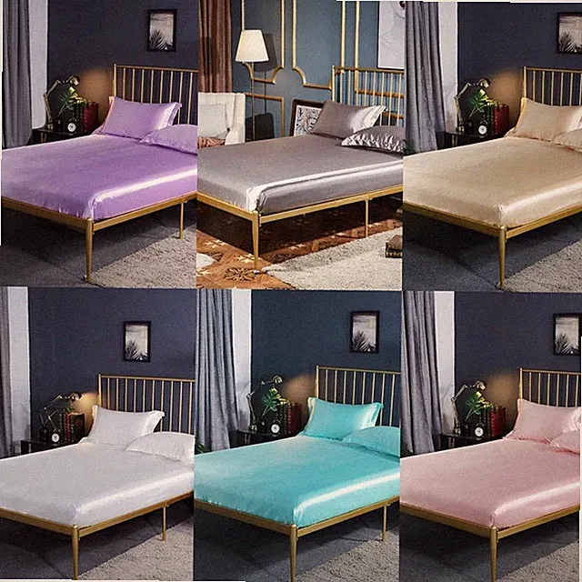 Satin Silk Fitted Sheet with Pillowcases Solid Bed Mattress Protector Cover
