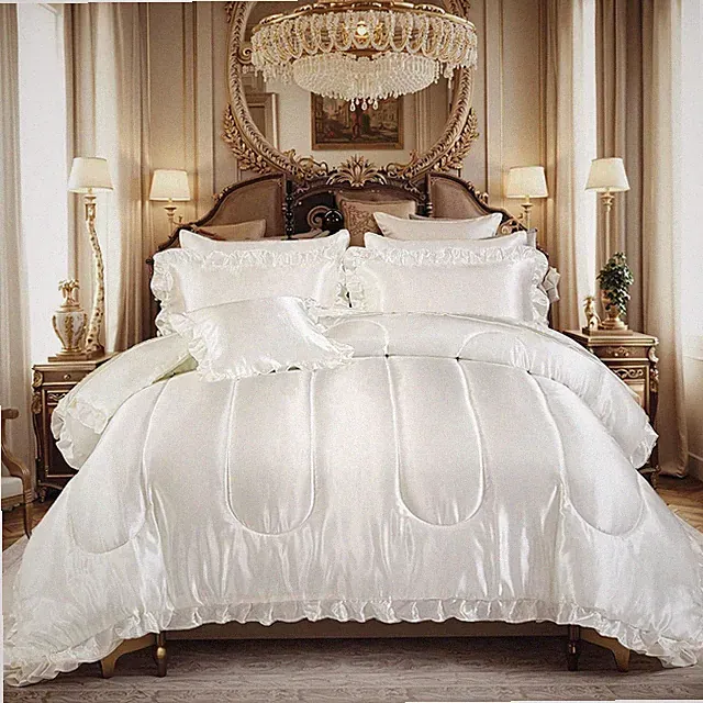 Silk like Satin Comforter Set with Sheet Set King 8 Pcs White Satin Bedding Set