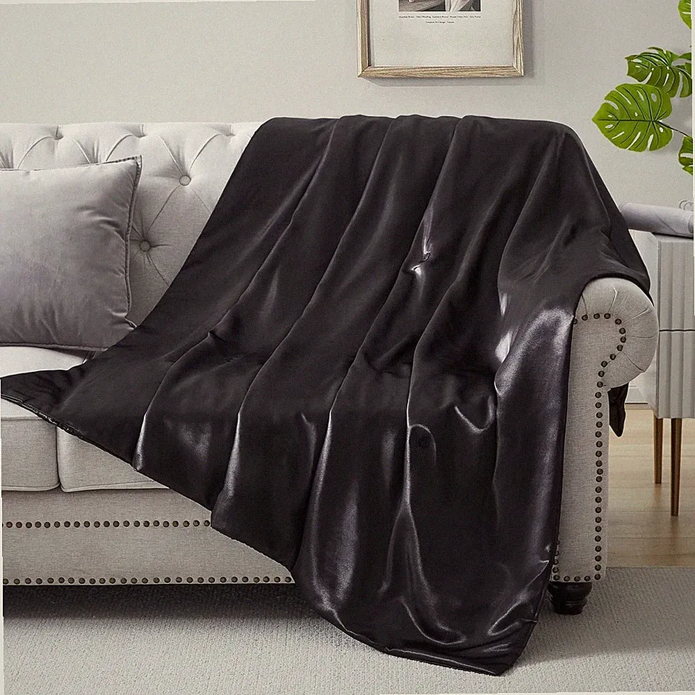 Silk Throw Blanket - Black Cooling Packable Satin Blanket for Couch Bed Camping