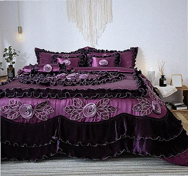 Tache Satin Floral Ruffle Luxury Bedding Purple Midnight Bloom 6pc Comforter Set