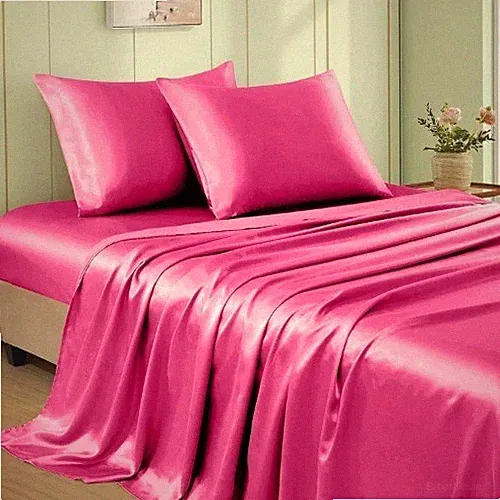 VACVELT 4pcs Hot Pink Satin Sheets Queen Size Bed Set, 15 Inch Deep Pocket Silky