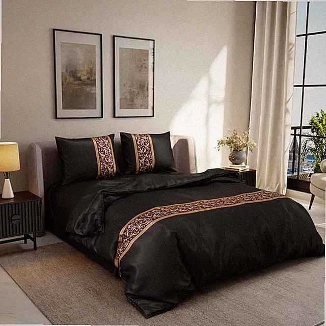 Versailles Collection Black Satin Queen Duvet Cover Set with Pillowcases