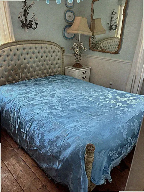 Vintage Italian Damask Satin FRINGE Bedspread Coverlet Blue Made In Italy