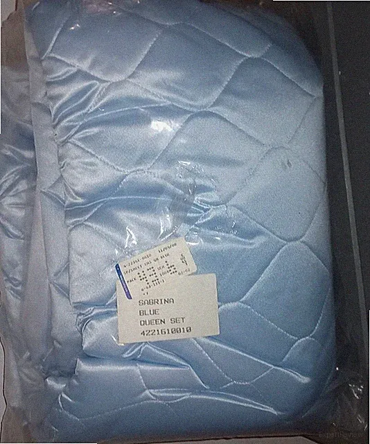 Vintage Sabrina Blue Satin Quilted Bedspread Queen Set by Regency