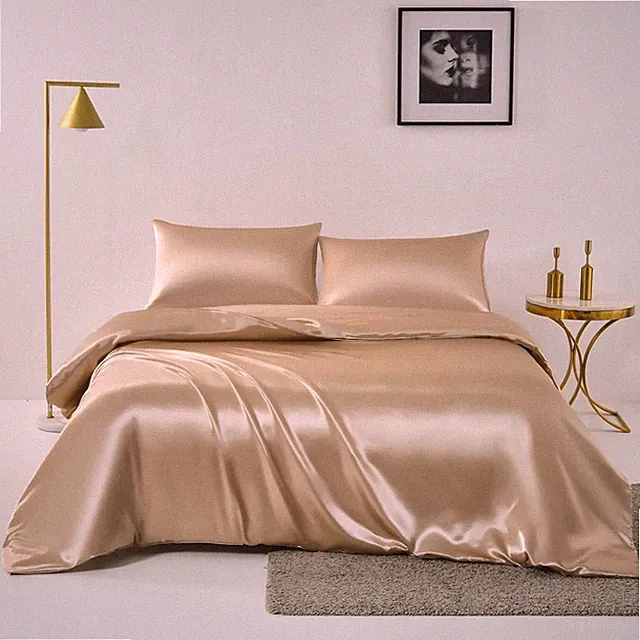 Ydtwnyq 3 PCS Champagne Gold Satin Silky Duvet Cover Full Size Silk Like Satin